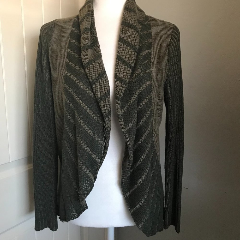 Fever Boho Roll Collar Open Front Long-Sleeve Cardigan w/ Stripe Contrast Small